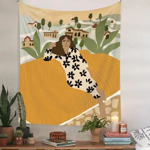 Υφαντό τοίχου σε στυλ μποέμ με καλλιτεχνική εικονογράφηση κυρίας σε υπνοδωμάτιο