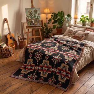Bohemian woven blanket with tribal patterns styled in a cozy artist studio bedroom.