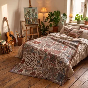 Bohemian woven throw blanket with colorful sun and flower patterns for sofa or camping.