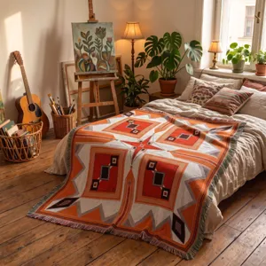 Detailed view of a Bohemian geometric woven blanket with vibrant orange and fringe.
