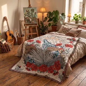 Bohemian woven throw blanket with vintage butterfly and floral pattern on a bed