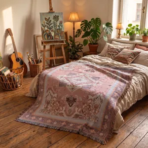 Detail of a bohemian woven throw blanket with fringe spread over a bed in a studio.