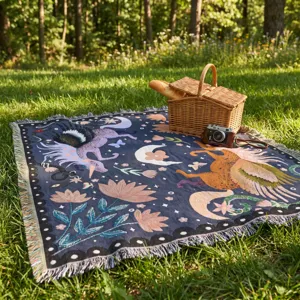 Couverture pique-nique tissée motif licorne sur l'herbe avec panier et appareil