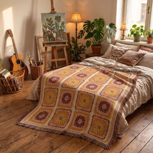 Woven bohemian throw blanket with floral patterns and fringed edges in a cozy studio