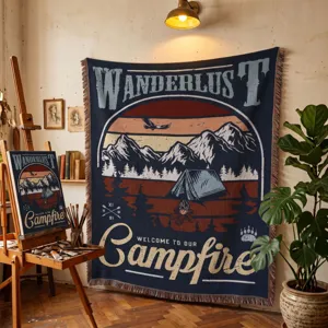 Woven outdoor camping blanket with vintage wanderlust and campfire design detail