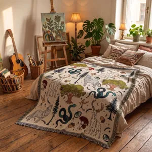 Künstlerische gewebte Wohndecke mit Naturmotiven in gemütlicher Schlafzimmer-Umgebung