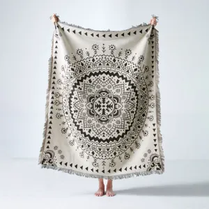 Large bohemian mandala woven blanket with decorative fringes for camping and sofa