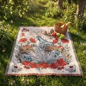 Bohemian woven picnic blanket with butterfly and mushroom floral design and fringe edges.