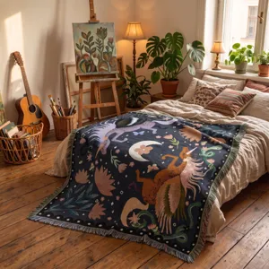 Couverture tissée bohème avec licornes et lune utilisée comme jeté de lit artistique.