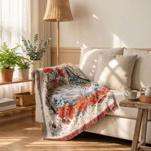 Bohemian woven blanket with detailed floral and butterfly illustrations on a sofa.