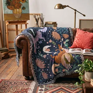 Jeté de canapé tissé bohème avec motif de cheval ailé et fleurs vintage