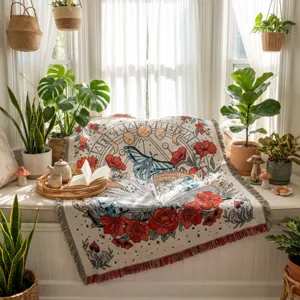 Boho woven throw blanket with floral butterfly pattern styled on plant-filled window seat