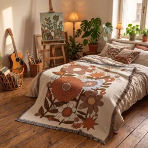 Cozy bohemian woven throw blanket with retro floral pattern and fringed edges on bed
