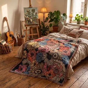 Vintage böhmische gewebte Decke mit lebhaften Blumenmustern als Bettüberwurf