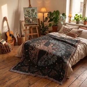 Woven Tree of Life bohemian blanket throw on bed in artistic bedroom decor setting
