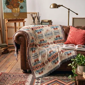 Bohemian Indian pattern blanket draped over a brown leather sofa in a cozy room.