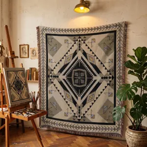 Bohemian geometric woven tapestry hanging in an artistic studio setting