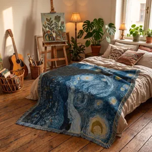 Couverture tissée premium La Nuit étoilée avec franges dans une décoration de chambre d'artiste