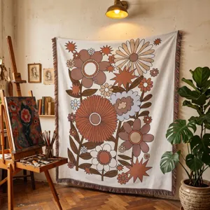 Retro bohemian floral woven tapestry blanket hanging in a warm rustic art studio setting