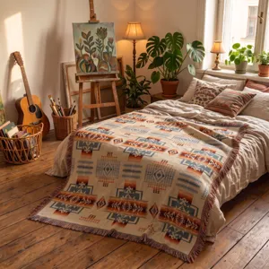 Woven bohemian throw blanket with ethnic tribal patterns in a cozy artistic bedroom setting