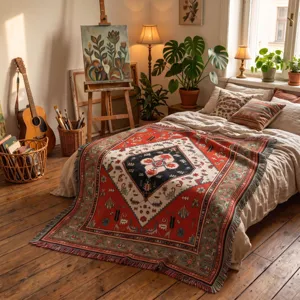 Bohemian woven throw blanket with ethnic tribal patterns and tassels in a bedroom