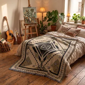 Bohemian ethnic style woven throw blanket with geometric tribal patterns on a bed
