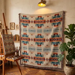 Detailed macro view of bohemian tribal pattern on a large woven cotton wall tapestry