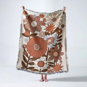 Retro bohemian floral woven throw blanket with tassels for outdoor camping and home sofa decor