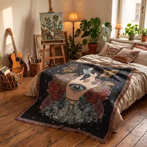 Coperta boho tessuta con occhio mistico e design a cristalli in una camera accogliente.