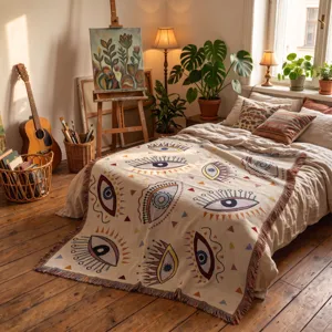 Détail d'une couverture bohème tissée avec motifs d'yeux colorés sur un lit douillet