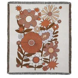 Bohemian retro floral woven blanket throw with decorative fringe edges for camping