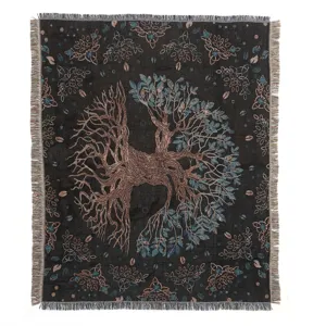 Elegant Bohemian Tree of Life woven camping blanket with decorative fringes for outdoor use