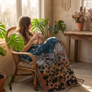 Cozy Bohemian woven throw blanket with sunflower and starry night scene over a chair.