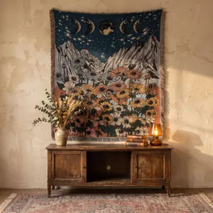 Detail view of a bohemian woven tapestry with moon and flower motifs in a room.