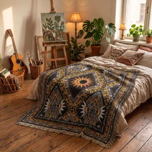Bohemian woven throw blanket with sun pattern and fringe in cozy bedroom studio decor