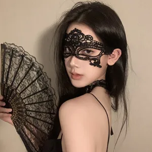 Damen Schwarze Spitzen Maske Krone Blume Haarreif Fächer Handschuhe Set Sexy Party Kostüm Ball Kleid