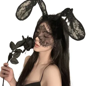 Schwarze Spitzen Hasenohren Maske und halbe Gesichtsmaske für Damen Party Kostüm Zubehör.