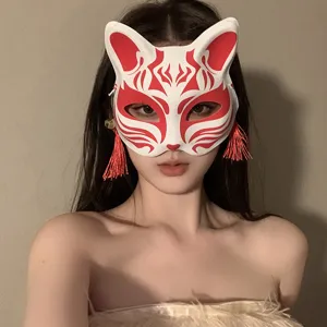 Maschera di volpe Kitsune tradizionale giapponese rosso bianco nappina festa cosplay