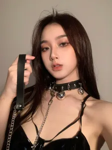 Black leather choker necklace with metal bells and chain sexy gothic collar accessory for women
