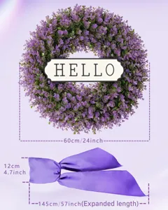 Purple artificial eucalyptus wreath for front door with ribbon and 24-inch size detail