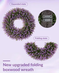 Detail view showing the folding mechanism of an artificial purple boxwood wreath
