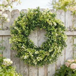 Detailweergave van een kunstmatige buxuskrans met witte wilde bloemen aan een rustiek hekwerk.