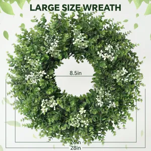Size illustration of large artificial eucalyptus wreath with white berries and dimensions