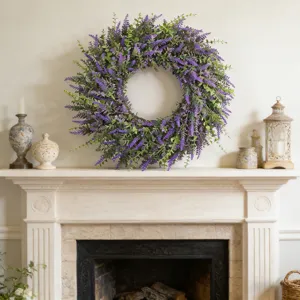 Lavender wreath hanging on a white fireplace mantel with rustic home decor accents