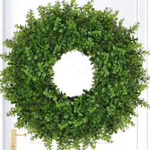 Artificial Boxwood Eucalyptus Wreath For Front Door Green Leaf Round Wreath For Spring Summer Home Outdoor Garden Patio Decor