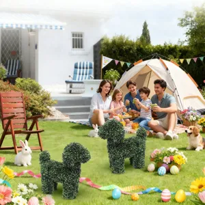 Pair of artificial boxwood poodle topiaries placed in a sunny Easter backyard garden