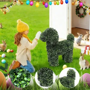 Detail view of artificial boxwood dog topiary for festive Easter garden landscaping decoration.