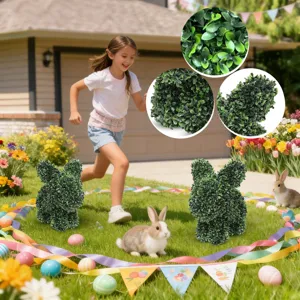 Detailed texture view of artificial boxwood Easter bunny topiary for garden decor