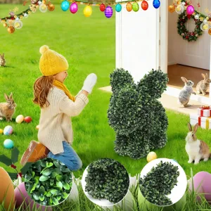 Macro detail of artificial boxwood leaves on a decorative Easter bunny garden sculpture