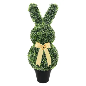Artificial Easter bunny boxwood topiary plant in black pot with elegant gold ribbon bow